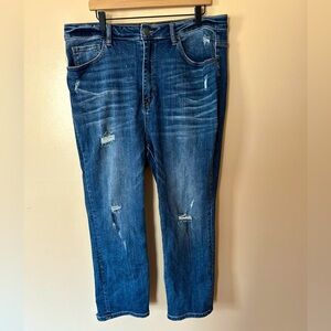Risen Tummy Control Distressed blue denim jeans ripped raw step hem size 2XL